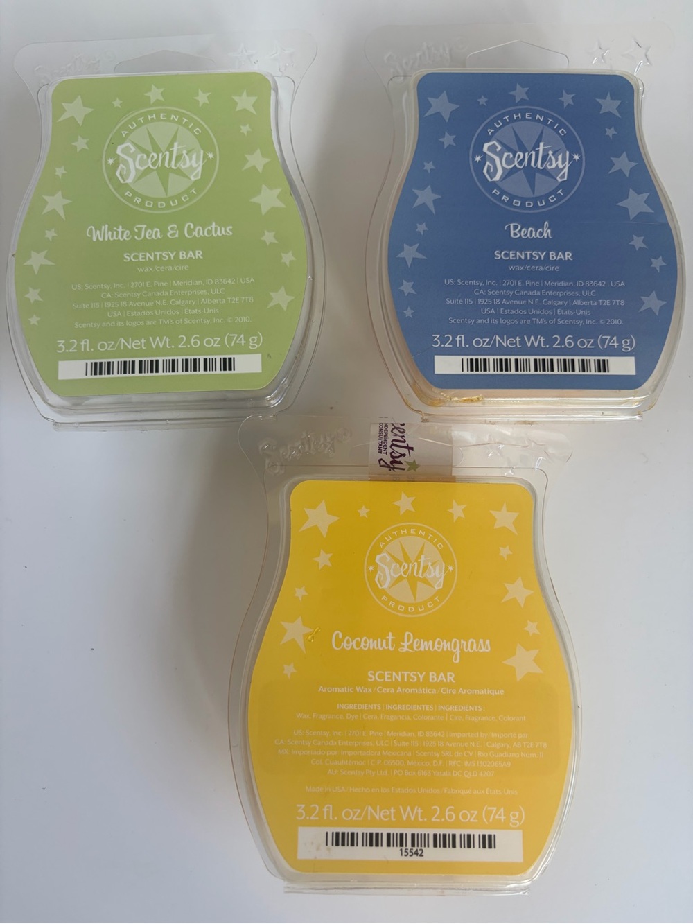 Scentsy Wax Bars - White Tea & Cactus, Beach, Coconut Lemongrass - 3 Pack